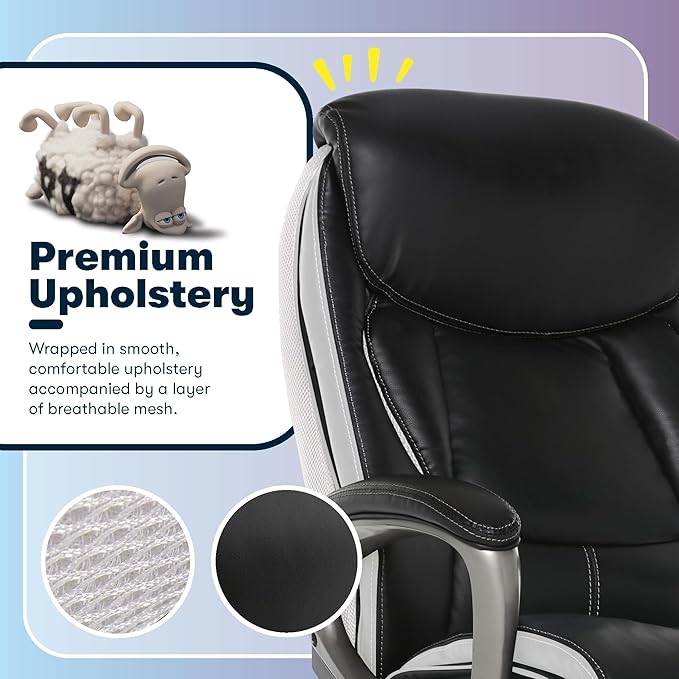 Serta® Lautner Executive Home Office Desk Chair, Ergonomic High-Back with Adjustable Lumbar and Body Pillows, SmartLayers™ and ComfortCoils® Technology, Mesh and Bonded Leather, Black and White