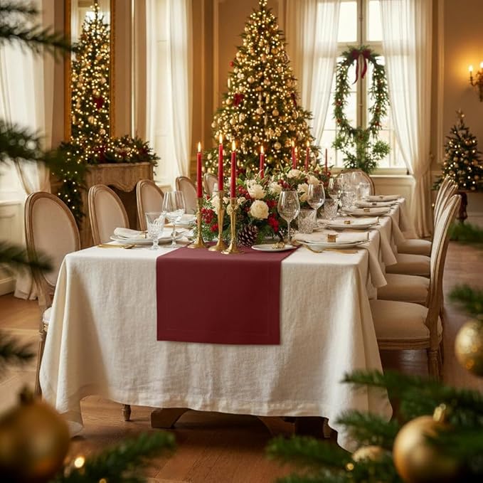 D'Moksha Homes Linen Dark Red Table Runner 90 Inches Long - 100% Pure Linen 14 x 90 Inch Table Runner for Dining, Winter, Christmas, Holiday - Machine Washable
