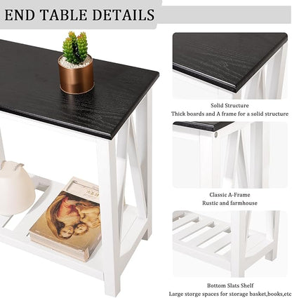 Farmhouse End Side Table Wood Frame Narrow Side Table with Shelves Black White Rectangular Night Stand Sofa Table for Couch, Small Spaces, Living Room, Bedroom
