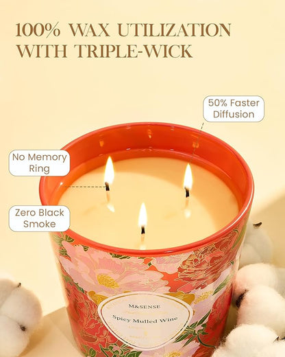 M&SENSE Spicy Mulled Wine Scented Candle, 28.2oz 3 Wick Natural Soy Wax Large Candles, Long Lasting Clean Slow Burning No Toxic Décor for Home Relaxation, Romantic Dates & Gift-Giving