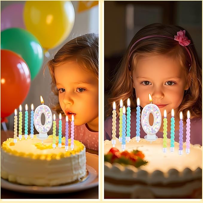Number Birthday Candle with 12PCS Spiral Candles and A Birthday Card - Perfect for Celebrating Birthdays (Macaron Glitter, Number 0)