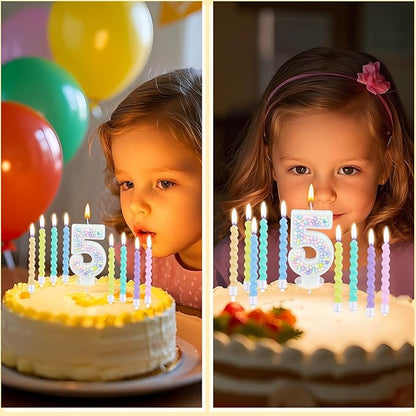 Number Birthday Candle with 12PCS Spiral Candles and A Birthday Card - Perfect for Celebrating Birthdays (Macaron Glitter, Number 5)
