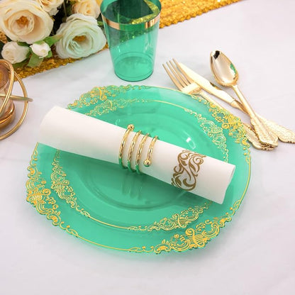 Hioasis 350pcs Clear Green Plastic Plates - Elegant Disposable Dinnerware Set Suitable for 50 Guests Include 10.25" Dinner & 7.5" Dessert Plates, Cutlery, Napkins, Cups for Party & Christmas