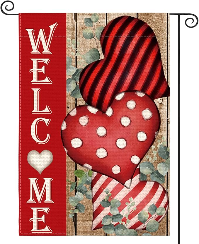 AVOIN colorlife Valentines Day Welcome Garden Flag 12x18 Inch Double Sided, Anniversary Love Heart Rustic Yard Outdoor Decoration