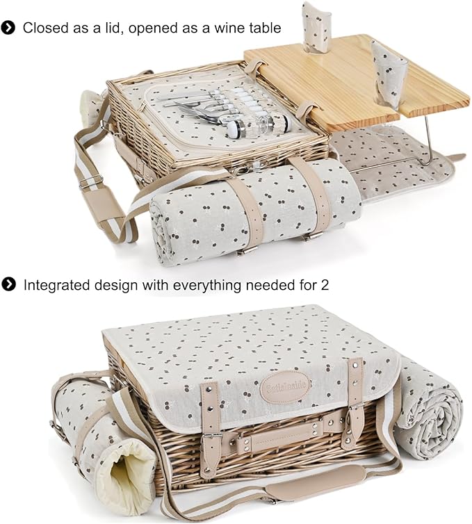 Multifunctional Wicker Picnic Basket Set for 2 with Blanket and Picnic Table, Insulated Picnic Set with Full Tablewares for Camping Outdoor Couples,Cherry