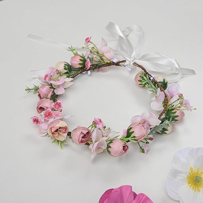 Vividsun Wedding Bridal Green Leaf Flower Crown Eucalyptus Floral Crown Maternity Photo Props (E/pink crown)