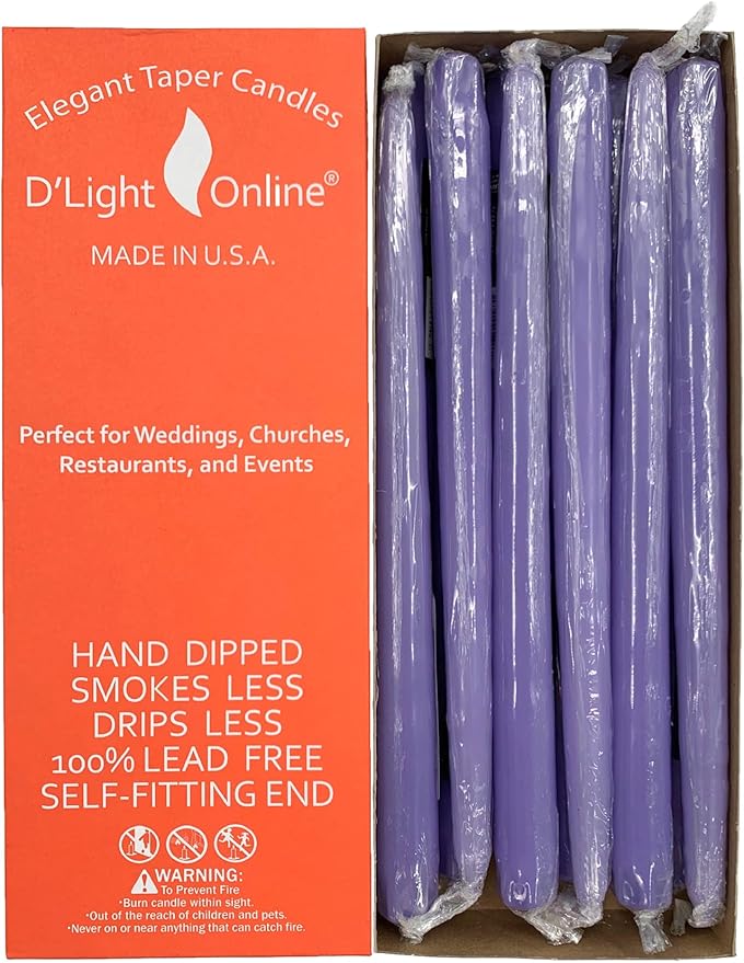 D'light Online Elegant Unscented 12" Pale Lavender Taper Candles Premium Quality Hand-Dipped Tapered Candles, Dripless and Smokeless - Set of 12 Individually Wrapped (12 Inch, Pale Lavender)
