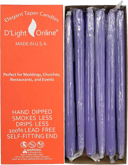 D'light Online Elegant Unscented 12" Pale Lavender Taper Candles Premium Quality Hand-Dipped Tapered Candles, Dripless and Smokeless - Set of 12 Individually Wrapped (12 Inch, Pale Lavender)