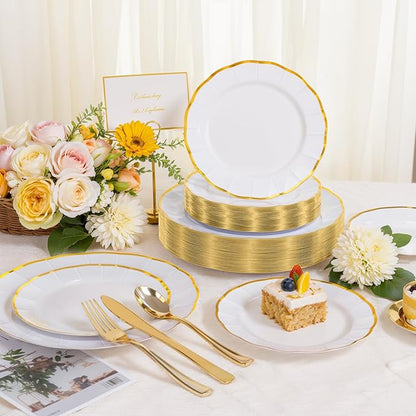 EI 150pcs White Plastic Plates with Gold Plastic Silverware,Disposable Plate Heavy Duty,White Dinnerware Set,Elegant Plates for Party,Wedding,Thanksgiving,Christmas,New Year