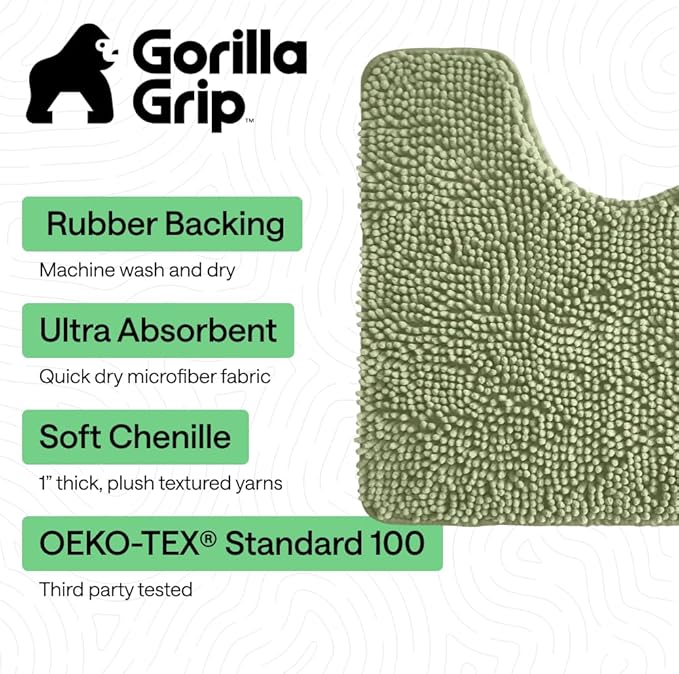 GORILLA GRIP Bathroom Rug Sets, Soft Chenille 2 Piece Area Rugs Set, Toilet Base Mat and 30x20 Carpet, Absorbent Microfiber Washable Mats Dry Quickly, Home Décor and Bath Room Accessories Sage Green