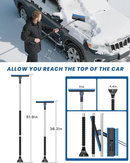 helloleiboo 2025 Extra Long 55.7" Ice Scrapers for Car Windshield Multi-Functional Detachable Car Ice Scraper with Foam Grip and 270° Pivoting Brush Head Snow Brush for SUV Truck Auto (Blue)