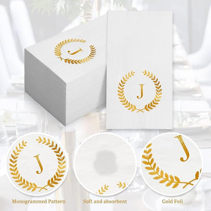 200 Pack Monogrammed Disposable Napkins Gold Foil Letter J Guest Napkins Initial Disposable Hand Paper Towels for Wedding Engagement Baby Shower Party Home Kitchen Bathroom Dinner Decorative Towels