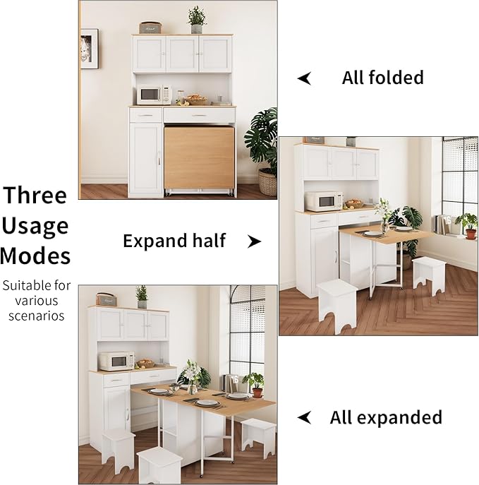 VOWNER 63” Folding Dining Table Set with 71” Tall Kitchen Pantry Storage Cabinet, with Large Drawers and Adjustable Shelves, Space Saving Wood Cupboard with Charging Station for Small Place, 4 Stools