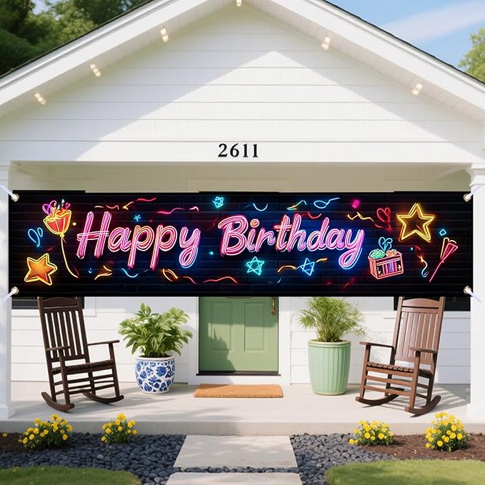 Nuxovilar Happy Birthday Banner Decorations 17.72x78.74 Inch Neon Gift Theme - Polyester for Indoor Outdoor Birthday Party Decor