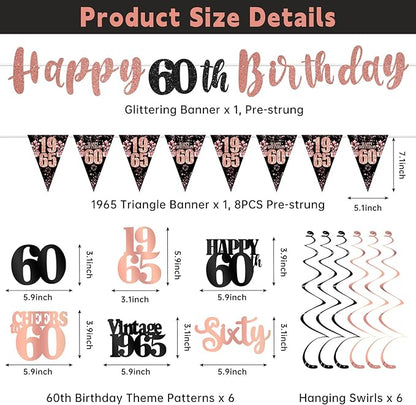 60th Birthday Decorations for Women, Black Rose Gold Happy 60th Birthday Banner Hanging Swirls Vintage 1965 Decorations Kit Cheers to 60 Party Supplies