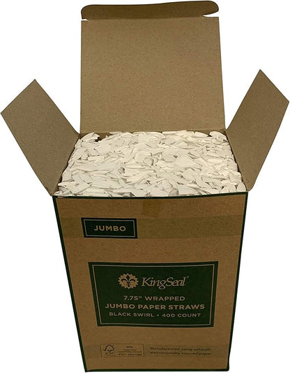 Kingseal FSC Certified Disposable Paper Drinking Straws, Paper Wrapped, 7.75" Length x 6mm Diameter, Black Swirl Stripe, Biodegradable, Earth Friendly, Bulk Pack - 4 Boxes of 400 Straws Each