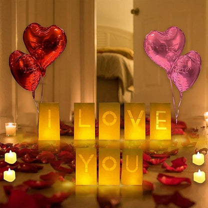 I Love You Lighted Letters Sign 8pcs Luminary Paper Bags 2000pcs Red Pink Artificial Rose Petals 48pcs Flameless LED Candle Tealight 10pcs Heart Balloons Romantic Night Valentine's Day Decorations
