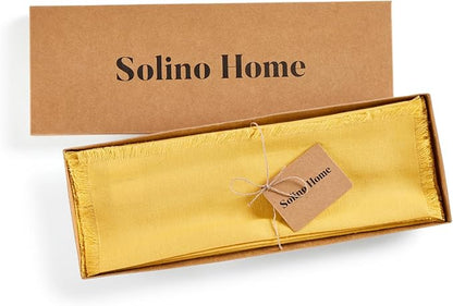 Solino Home Fringe Linen Placemats Set of 4 - Marigold Yellow Placemats 14 x 19 Inch - 100% Pure Linen Table Mats
