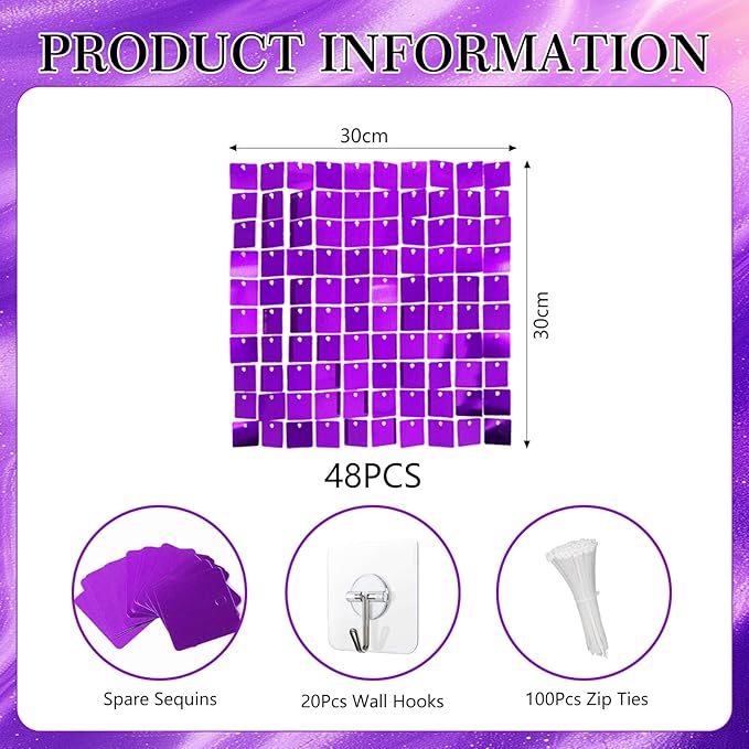 48 PCS Purple Shimmer Wall Backdrop, Square Sequin Photo Backdrops Panel, Glitter Wall Background for Birthdays, Weddings, Halloween, Engagements, Disco Bachelorette Party Decoration (6FTx8FT)