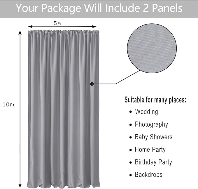 Hiasan Silver Grey Backdrop Curtains for Parties, Polyester Photography Backdrop Drapes for Family Gatherings, Wedding Decorations, 5ftx10ft, Set of 2 Panels