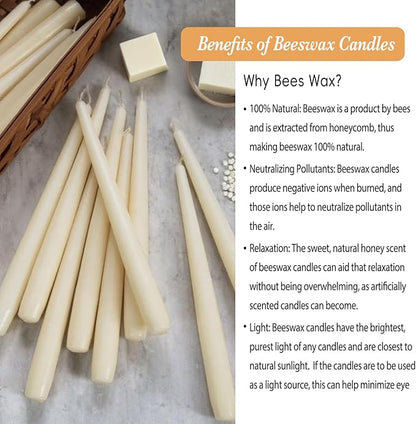 24 Packs Beeswax Taper Candles White, 9 Inch Long Natural Beeswax Candlesticks - 10 Hour Burn Time - Smokeless & Dripless Taper Candles for Table Decor, Unscented Bee Wax Tapered Candle