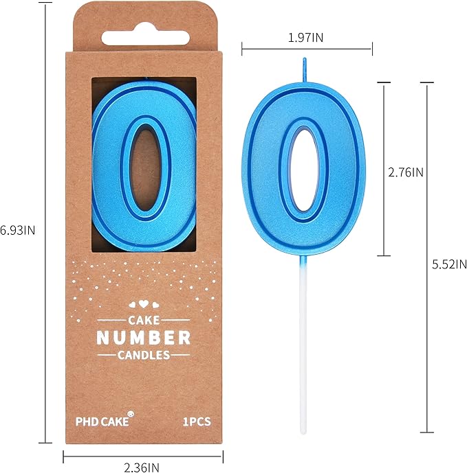 PHD CAKE 2.76 Inch Luxe Blue 0 Number Birthday Candles, Blue Number Candles, Cake Number Candles, Party Celebration