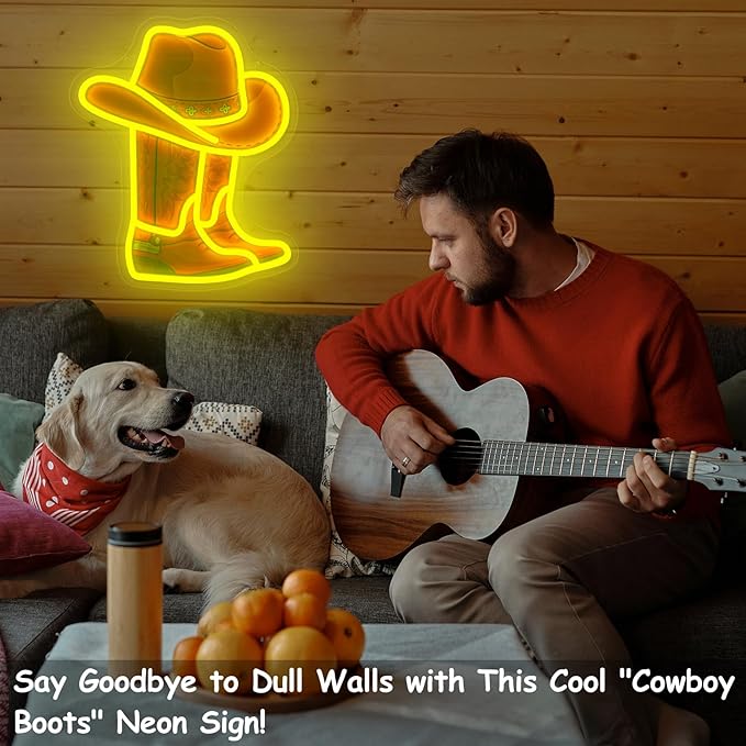 Cowboy Boot Neon Sign Cowboy Hat Neon Light 15.2”x13” Yellow Cowboy LED Sign for Wall Decor Dimmable Western Light Up Signs for Bedroom Game Room Man Cave Presents for Birthday Party Rodeo Enthusiast