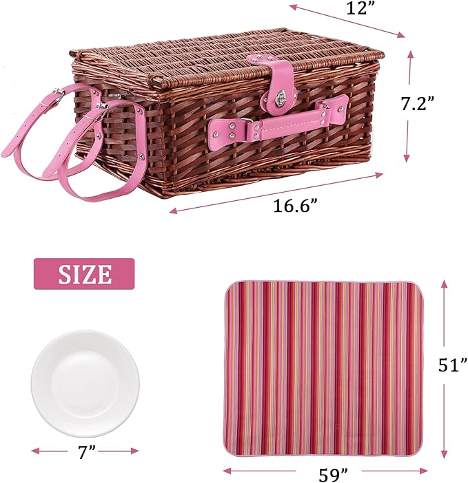 Wicker Picnic Basket for 4 with Waterproof Picnic Blanket and Insulated Cooler, Willow Hamper for Camping, Outdoors, Photoshoot, or a Birthday, Valentine’s Day, Wedding Gift, Pink