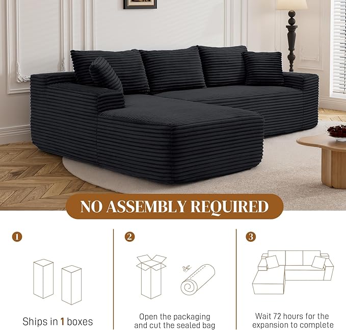 95" L Shaped Boneless Sectional Couches, Wide Armrest, Deep Seat, Memory Foam, Assembly Free, Modern Comfy Corduroy Fluffy Cloud Sofa with Left Chaise for Living Room, Small Spaces, Black