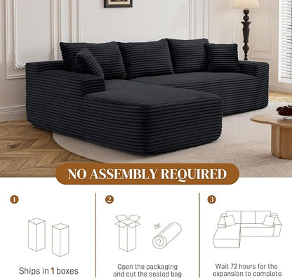 95" L Shaped Boneless Sectional Couches, Wide Armrest, Deep Seat, Memory Foam, Assembly Free, Modern Comfy Corduroy Fluffy Cloud Sofa with Left Chaise for Living Room, Small Spaces, Black