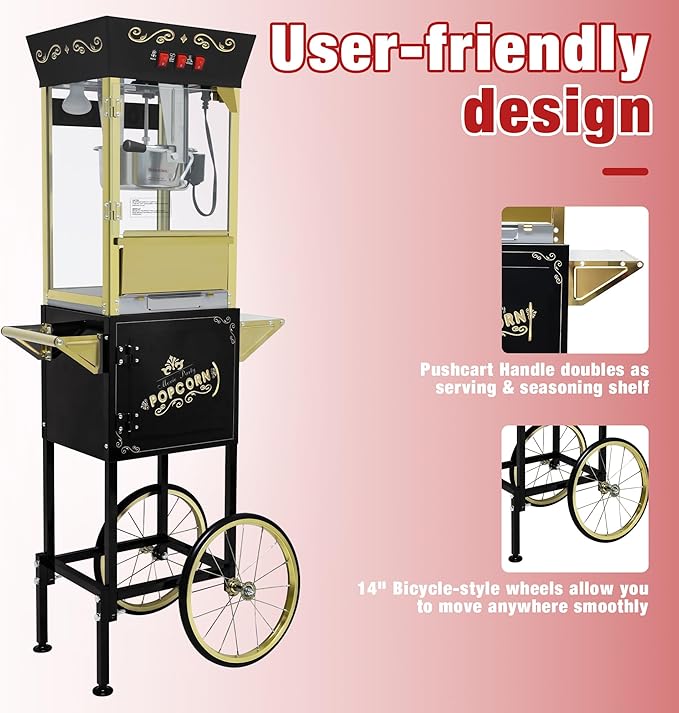 Black Vintage Commercial Popcorn Machine with Cart & Warmer Light - 12oz Stainless Steel Popper Makes 60 Cups for Theater, Parties & Home Use