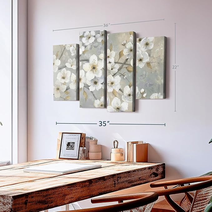 ElephantStock Golden Garden Wall Art - Horizontal Canvas - 4-Piece Living Room Wall Decor - Leaves Painting Canvas Print - Gray and Beige Decor for Wall by Nan - 36" X 22"