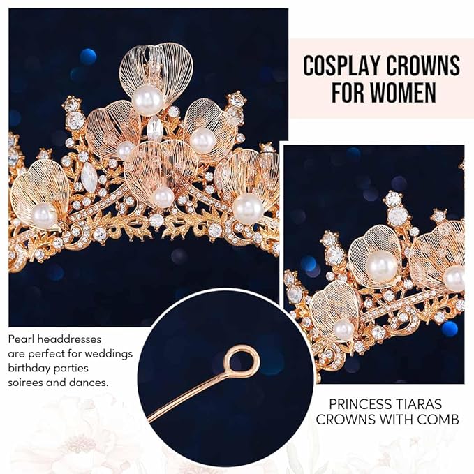Catery Gold Leaf Crown Pearl Tiaras Bridal Headband Rhinestone Vintage Headpiece for Women