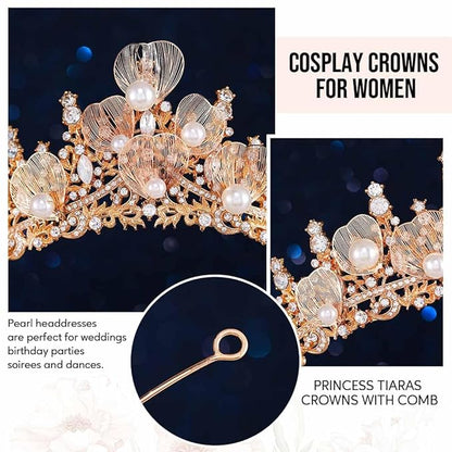 Catery Gold Leaf Crown Pearl Tiaras Bridal Headband Rhinestone Vintage Headpiece for Women