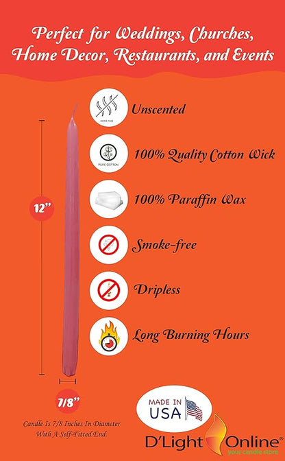 D'light Online Elegant Premium Quality 12" Unscented Rosewood Blush Pink Taper Candles Hand-Dipped, Dripless Tapered Candles and Smokeless - Set of 12 Individually Wrapped (12 Inch, Rosewood Pink)