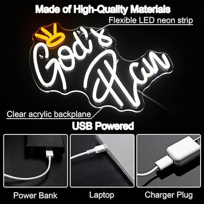 Horseneon God's Plan Neon Led Sign, God Neons Sign for Wall Decor, White Letter Neon Lights Signs with USB Powered for Bedroom, Living room, Wall Art Decoration