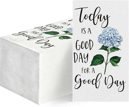 Horaldaily 50 Disposable Paper Decorative Guest Napkins, Blue Hydrangea Good Day Celebration Hand Towel for Party Lunch Dinner Kitchen Bathroom