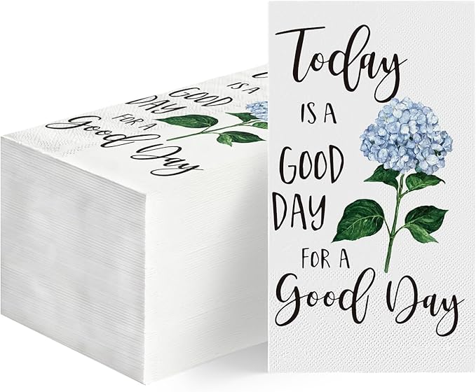Horaldaily 100 Disposable Paper Decorative Guest Napkins, Blue Hydrangea Good Day Celebration Hand Towel for Party Lunch Dinner Kitchen Bathroom