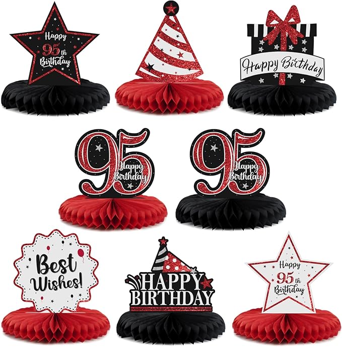 Happy 95th Birthday Decorations,95th Bday Red Glitter Shiny Stand Honeycomb Table Centerpieces - Cheers to 95 Years Old Birthday Party Photoprop Gift Sign.