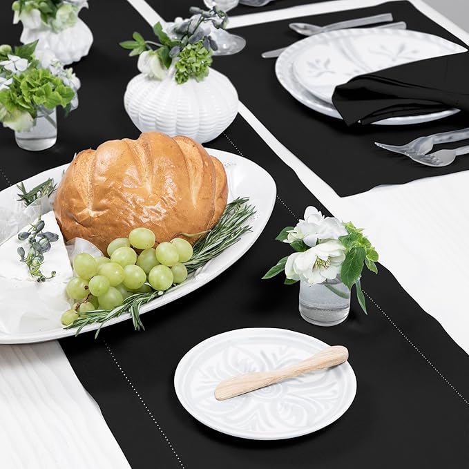 Solino Home Linen Black Table Runner 156 Inches Long - 100% Pure Linen Extra Long Table Runner 14 x 156 Inch for Fall, Autumn, Christmas, New Year - Classic Hemstitch