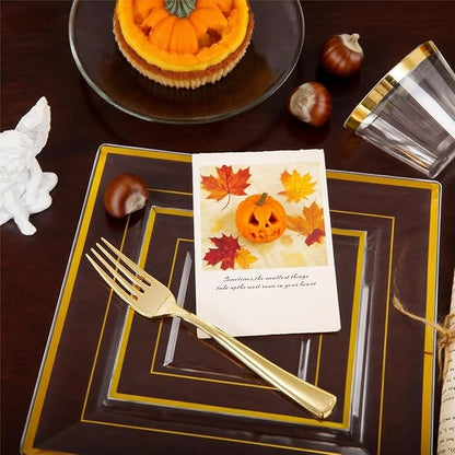 Festiva 350Pcs Clear Plastic Plates with Gold rim - Clear Gold Disposable Dinnerware for 50 Guests includeSquare Plastic Plates/Cups/Cutlery/Napkins Perfect for Thanksgiving Party&Wedding &Xmas