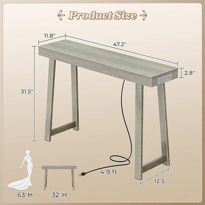 Huuger Entryway Console Table with Charging Station, USB-C Port, 47.2 Inch Sofa Table with Metal Legs, Entry Hallway Table with Thicker Desktop, Modern Behind Couch Table, Grey