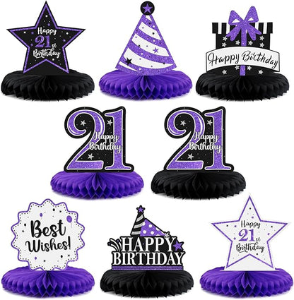 Happy 21st Birthday Decorations,21st Birthday Purple Glitter Shiny Stand Honeycomb Table Centerpieces - Cheers to 21 Years Old Birthday Party Photoprop Gift Sign.