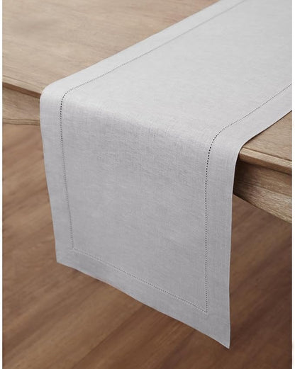 Solino Home Linen Soft Grey Table Runner 144 Inches Long - 100% Pure Linen Extra Long Table Runner 14 x 144 Inch for Fall, Autumn, Christmas, New Year - Classic Hemstitch