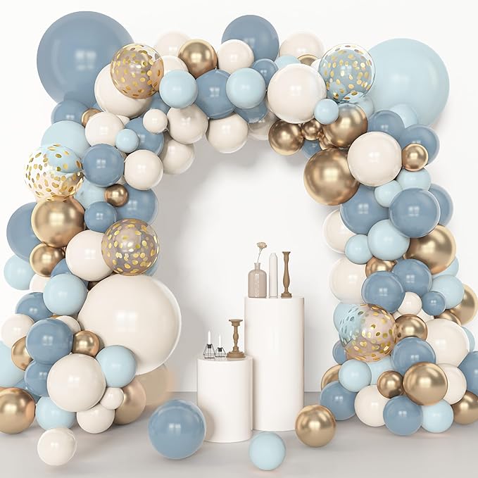 Amandir 153pcs Dusty Blue Balloon Garland Arch Kit, Different Sizes 18 12 10 5 inch Blue White Sand Latex Metallic Confetti Gold Balloons for Boys Birthday Boho Baby Shower Party Decoration Supplies