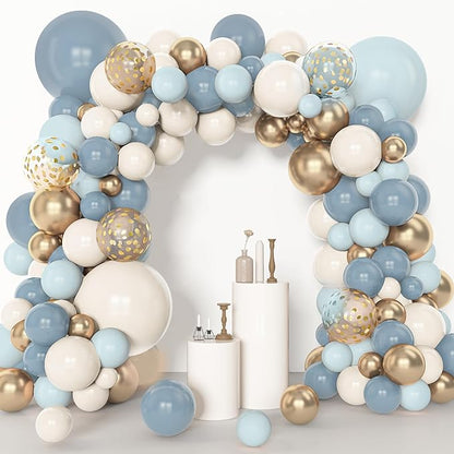 Amandir 153pcs Dusty Blue Balloon Garland Arch Kit, Different Sizes 18 12 10 5 inch Blue White Sand Latex Metallic Confetti Gold Balloons for Boys Birthday Boho Baby Shower Party Decoration Supplies