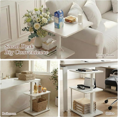 360° Swivel Side Table for Height Adjustable, C Shaped End Table for Couch with Storage, 3-Tier Night Stand with Open Shelf, Tv Tray for Small Spaces, Living Room, Bedroom, White