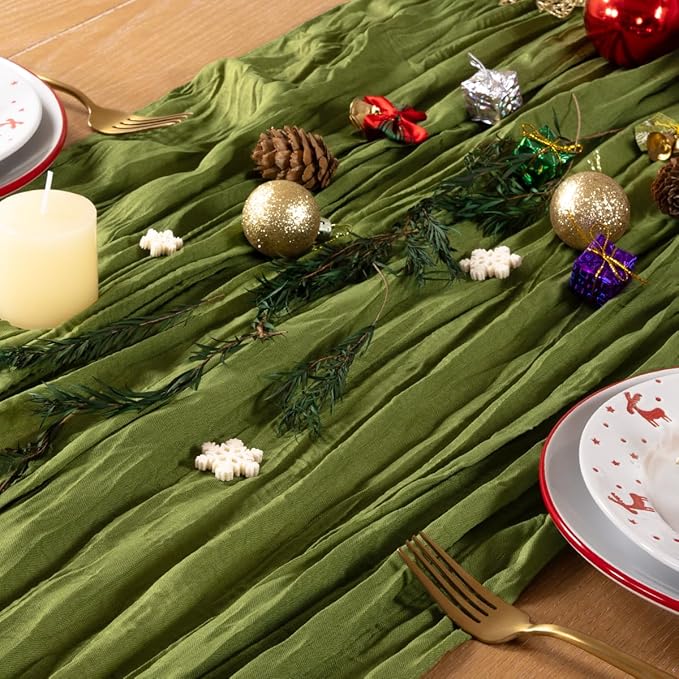 Olive Green Cheesecloth Table Runner 4 Pack Christmas Table Runners Boho Gauze 120 Inches Green Cheese Cloth Table Decora for Xmas Holiday Season Parties Wedding Bridal Baby Shower Tea Party