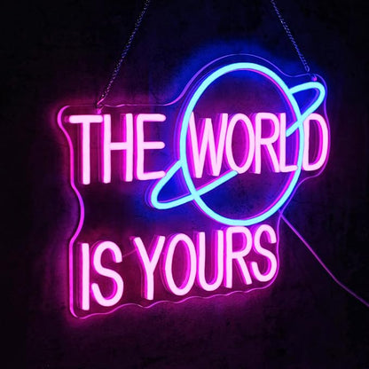 The World is Yours Neon Sign for Wall Decor Dimmable Pink Led Lights Signs for Bedroom Letters Neon Light for Office Game Room Man Cave Graduation Party Wedding Decor Birthday Gift for Girl