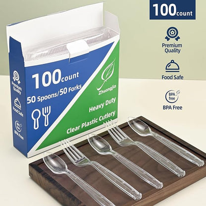 100 Count Extra Heavy Duty Clear Plastic Forks Disposable, BPA-Free, Heat Resistant, Durable Disposable Forks Bulk for Catering & Events 、Party Supplies